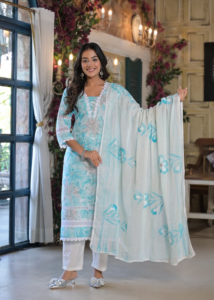 Aqua Blue Ethnic Co-Ord Set for Women