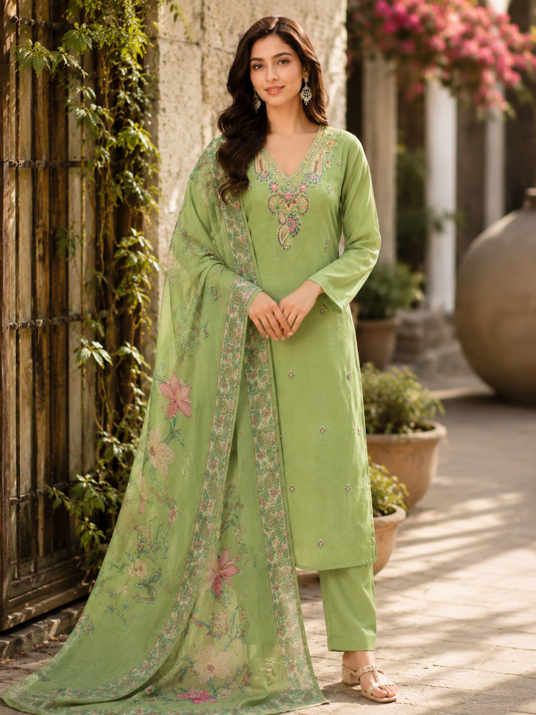 Pastel Green Embroidered Ethnic Co-Ord Set for Women