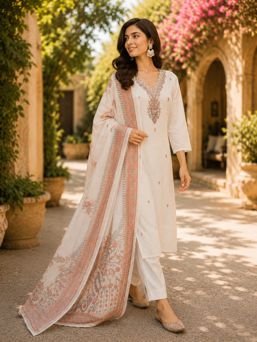 Cream Embroidered Ethnic Co-Ord Set for Women